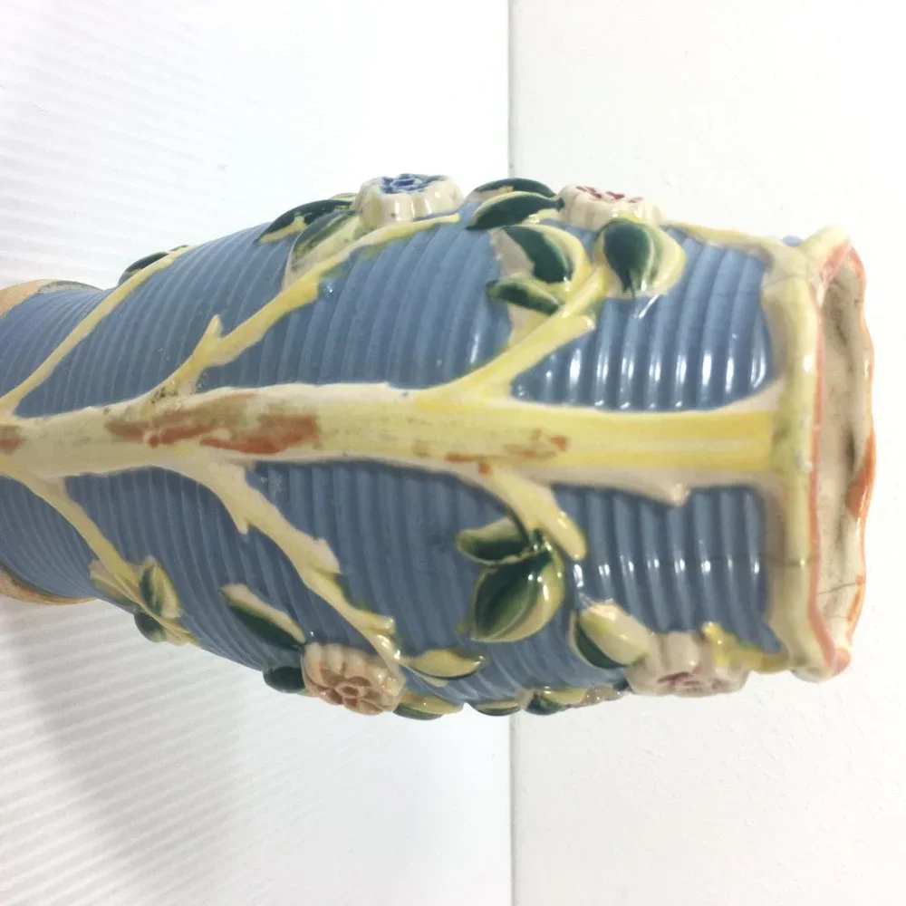 Mid-Century Asian Art‎ Pottery Vase Blue and White Tree Floral Japan Ribbed
